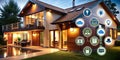 Cottage with Visual Icons Representing Smart Home Control System