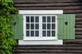 Cottage window shutters decorated with hearts. Sweden Royalty Free Stock Photo