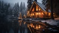 Cottage in a winter forest in cabincore style