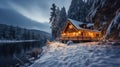 Cottage in a winter forest in cabincore style