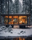 Cottage in a winter forest in cabincore style