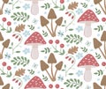 Cottagecore forest background with amanita mushrooms, wild berries, flowers and leaves. Vector seamless pattern in hand drawn Royalty Free Stock Photo