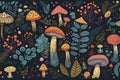 Cottagecore garden seemless pattern mushrooms wildflowers frogs snails, psychedelic