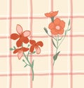 Cottagecore plaid gingham print wallpaper with red pattern. Hand drawn doodle flowers Royalty Free Stock Photo