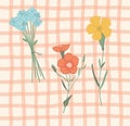 Cottagecore plaid gingham print wallpaper with red yellow and blue flowers. Royalty Free Stock Photo