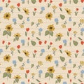 Cottagecore print wallpaper with Delicate Chintz Romantic Meadow Wildflowers and garden flowers on vintage beige old Royalty Free Stock Photo