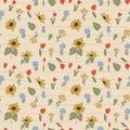 Cottagecore print wallpaper with Delicate Chintz Romantic Meadow Wildflowers and garden flowers on vintage beige old Royalty Free Stock Photo