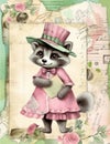 Cottagecore raccoon shabby chic with clothes old paper, vintage digital paper