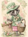 Cottagecore raccoon shabby chic with clothes old paper, vintage digital paper