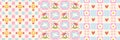 Cottagecore seamless pattern set with house and bird. Cute spring patchwork background with flowers, hearts and checkered texture Royalty Free Stock Photo