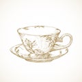 Cottagecore style tea cup with saucer. Hand Drawn Sketch Vector Illustration. Countryside Recreation and Picnic Doodle