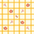 Cottagecore yellow check plaid gingham print wallpaper with floral seamless pattern. Hand drawn red doodle flowers