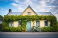 a cottages ivycovered walls with a bicycle leaning against it Royalty Free Stock Photo