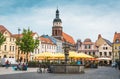 Historic market place of Cottbus (Altmarkt) in summer with many chairs and tables of cafes and