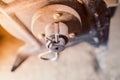 Cotter pin on the cutter of a walk-behind tractor close-up