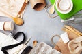 Cotton bag, glass jar and recycled tableware top view. Zero waste, eco friendly, plastic free concept Royalty Free Stock Photo