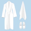 Cotton bathroom accessory - bathrobe, towel and slippers.