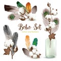 Cotton Bolls Feathers Boho Set Royalty Free Stock Photo