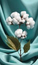 Cotton branch with green leaves on knitted background. Royalty Free Stock Photo