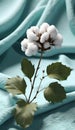 Cotton branch with green leaves on knitted background. Royalty Free Stock Photo