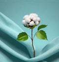 Cotton branch with green leaves on knitted background. Royalty Free Stock Photo