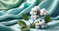 Cotton branch with green leaves on knitted background. Royalty Free Stock Photo