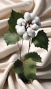 Cotton branch with green leaves on knitted background. Royalty Free Stock Photo