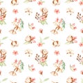 Watercolor seamless pattern with multidirectional cotton branches, leaves and cherry flowers on a white background