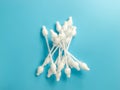 Cotton buds close-up on a light blue background, for children, hygiene and ear cleaning, cotton Royalty Free Stock Photo