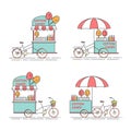 Cotton Candy Bicycle. Cart On Wheels. Food And Drink Kiosk . Vector Illustration. Flat Line Art.