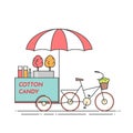 Cotton candy bicycle. Cart on wheels. Food and drink kiosk . Vector illustration. Flat line art. Royalty Free Stock Photo