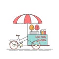 Cotton candy bicycle. Cart on wheels. Food and drink kiosk . Vector illustration. Flat line art. Royalty Free Stock Photo