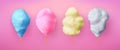 Cotton candy. 3d sweet sugar cloud different colors, white and pink fluffy floss, blue fair stick, carnival dessert Royalty Free Stock Photo