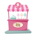 Cotton candy machine isolated. Retro cartoon pink booth with vintage frame, color puffy sweet dessert. Delicious yummy food for