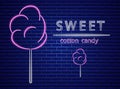 Cotton candy neon sign Vector. Glowing desserts dark background. Shinning billboard or menu templates Royalty Free Stock Photo