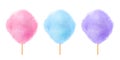 Cotton candy set. Realistic blue purple pink cotton candies on wooden sticks. Summer tasty and sweet snack for children. 3d vector