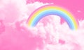 Cotton candy sky pink background illustration, rainbow in the clouds. Royalty Free Stock Photo