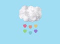 Cotton cloud and colorful heart raindrops at blue sky background in funny surreal style. Spring weather