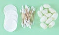 Cotton cosmetic removers and skin care products pads, cotton swabs, silkworm cocoons Royalty Free Stock Photo