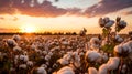 Cotton field on sunny day in evening before sunset Royalty Free Stock Photo