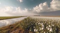 Cotton fields ready for harvesting amazing lake AI generated image