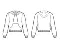 Cotton-fleece hoodie technical fashion illustration with relaxed fit, long sleeves, ribbed trims, front pocket jumper