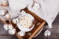 Cotton flowers with cofffee and sweater Royalty Free Stock Photo