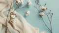 Cotton Flowers and White Cloth on Blue Background