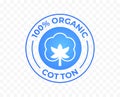 Cotton icon, 100% organic natural logo, vector label cotton fabric clothes tag and quality certificate stamp Royalty Free Stock Photo