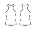 Cotton-jersey tank technical fashion illustration with racer-back straps, slim fit, elongated hem, crew neck. Flat