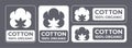 Cotton 100% organic natural fabric logo, vector cotton flower labels for clothes tag quality certificates