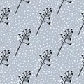 Cotton outline branch silhouette seamless pattern. Black ornament on blue soft background with dots