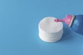 Cotton pads for skin care, for cleansing the face of cosmetics with tonic or micellar cleansing water. Cosmetic products.