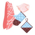 Cotton potholder, BBQ glove and towel, isolated icons